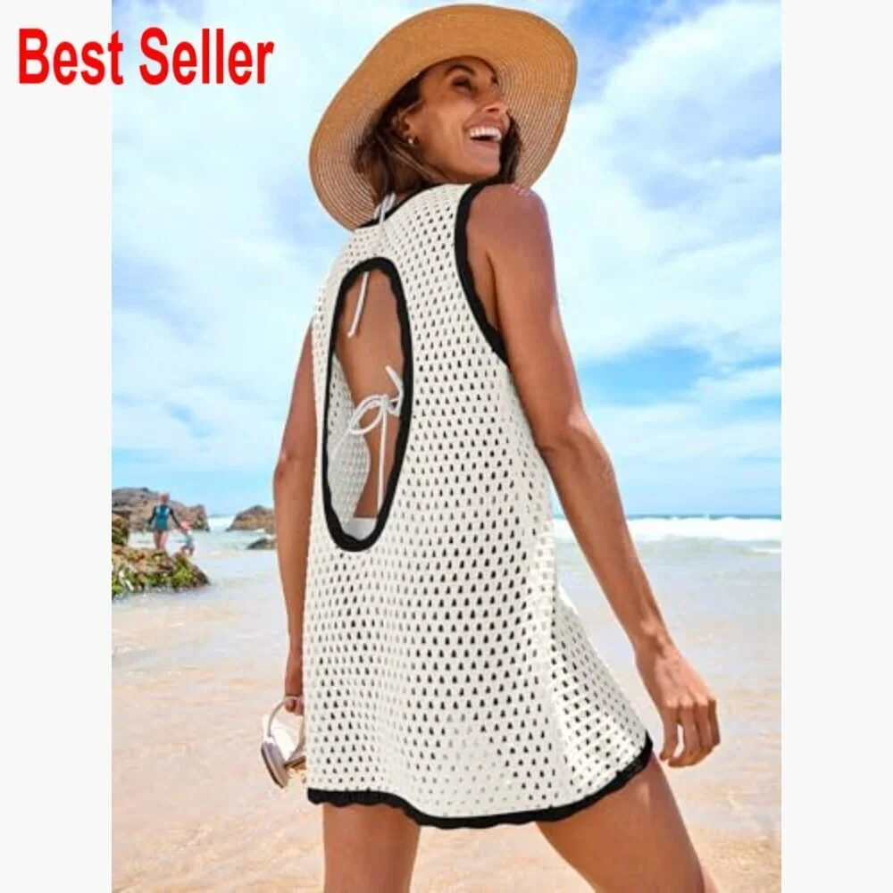 V-Neck Crochet Backless Swimsuit Cover Up Dress 100% Acrylic